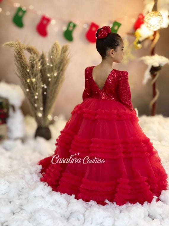 Isabel Dress, Fluffy Baby Girl Red Christmas Dress with Long Skirt. Red Princess Dress with Fluffy Glitter Sequin Fabric, Flower Girl Dress