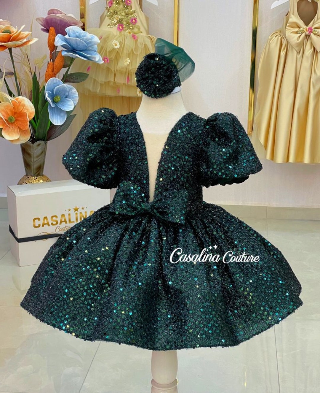 Maria Dress Emerald. Emerald Green Baby Girl Dress. Emerald Green Puffy