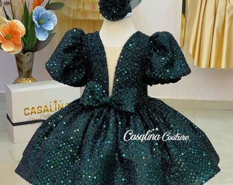 Maria dress emerald. Emerald green baby girl dress. Emerald green puffy knee length birthday party baby girl dress, Green flower girl dress