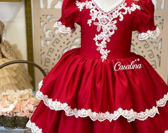 Blanca Dress, Red Baby Girl Dress with White Lace, Knee length puffy red big bow baby dress with shiny fabric. cotton lined baby girl dress