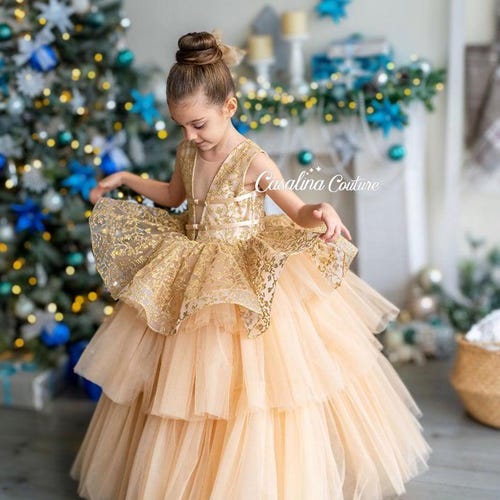 Nicolina Dress. Gold Princess Baby Girl Dress, Long Skirt Gold Baby Dress, Gold Princess Party Dress, Gold Flower Girl Lace Luxury Baby