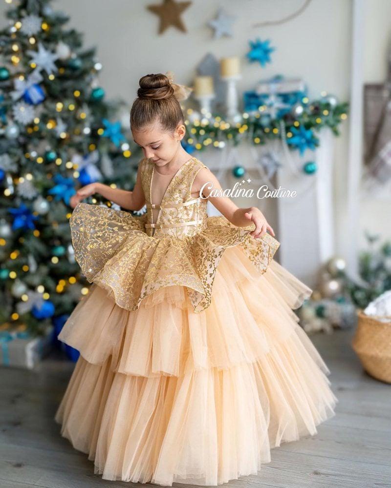 Nicolina dress. Gold princess baby girl dress, long skirt Gold baby dress, Gold princess party dress, Gold flower girl lace luxury baby