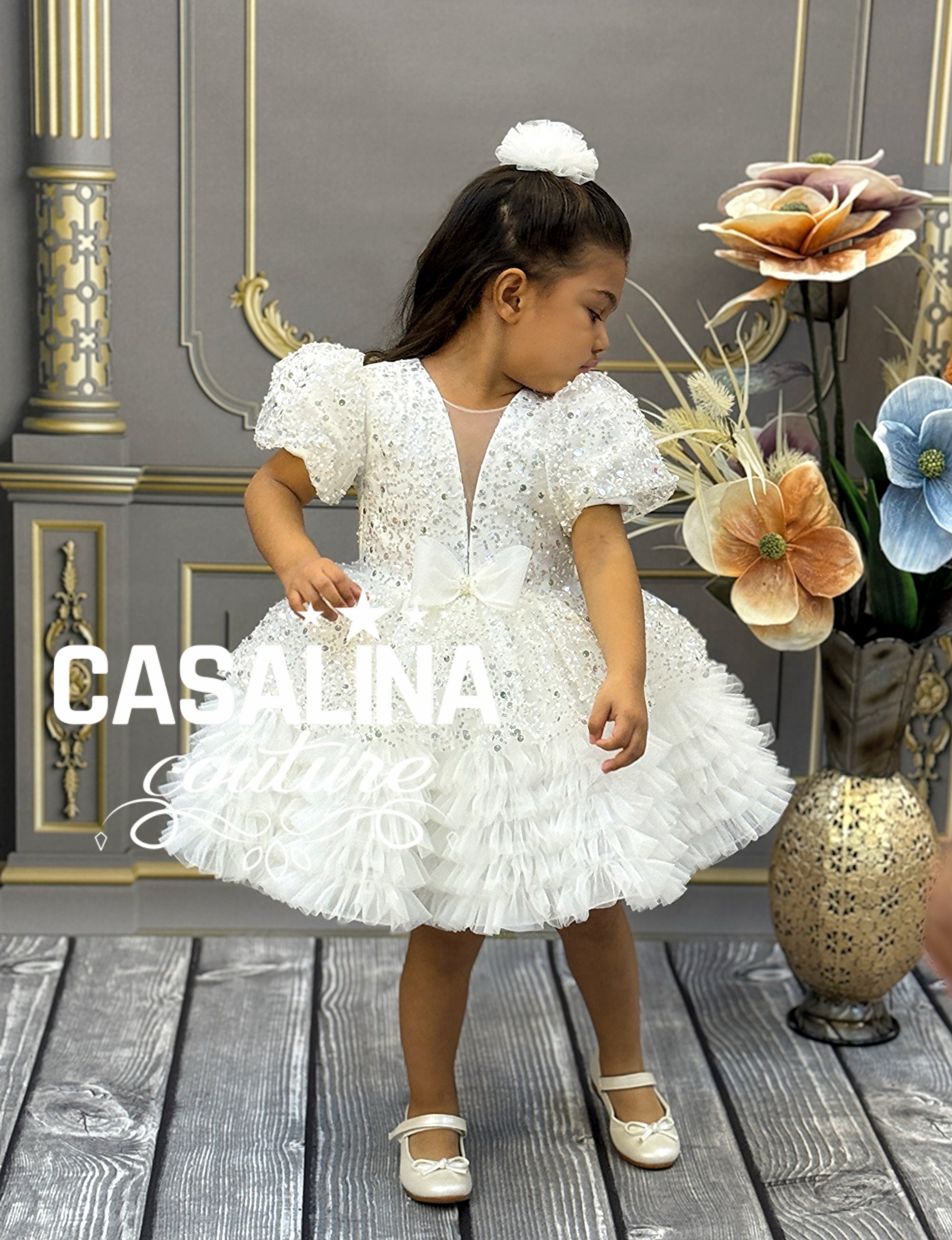 White Sparkly Flower Girl Dress: Handmade Ruffle Party Dress
