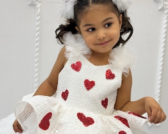 Valentine's Day Baby Girl Dress: White Tulle, Red Sequin Hearts