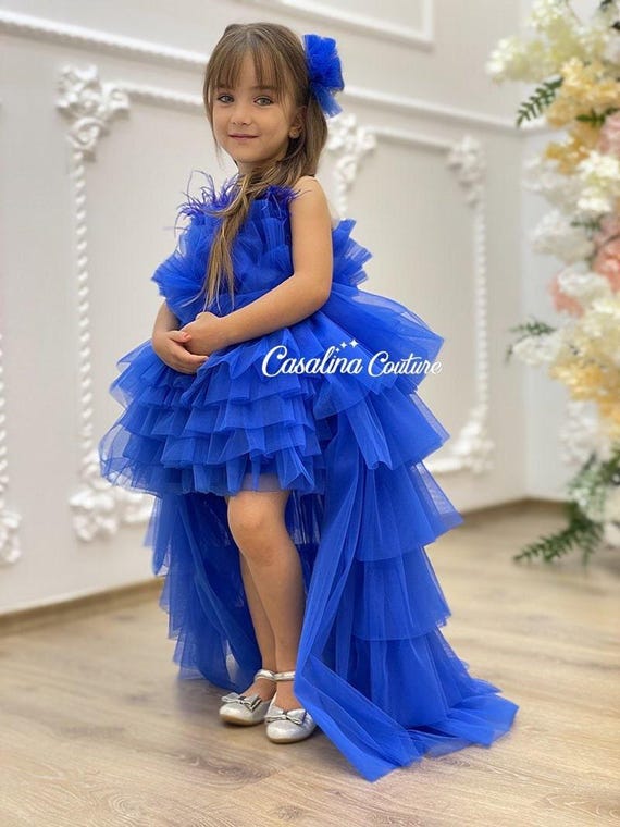 blue girls dress Dulce Royal Blue, Knee-length Royal dress with long tail, Feather detail, big bow princess dress, fluffy flower girl dress #d1699ft-owht-white layered tulle hi Shoes Color:Majesty
