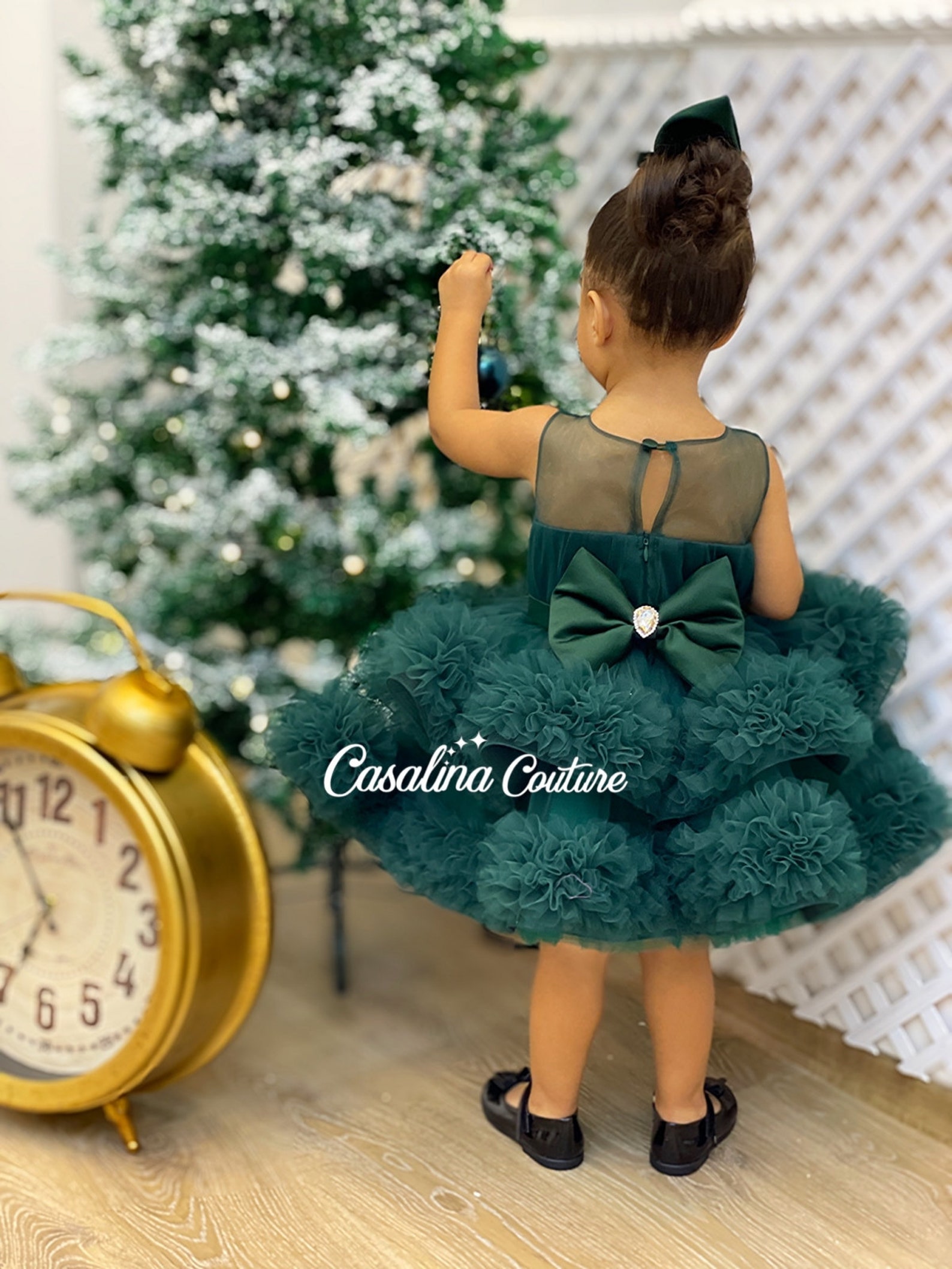 Scoop Pleated Knee-Length Girl's Dress Emerald