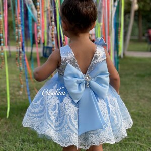 Silver blue baby girl outfit, Blue silver toddler birthday party dress