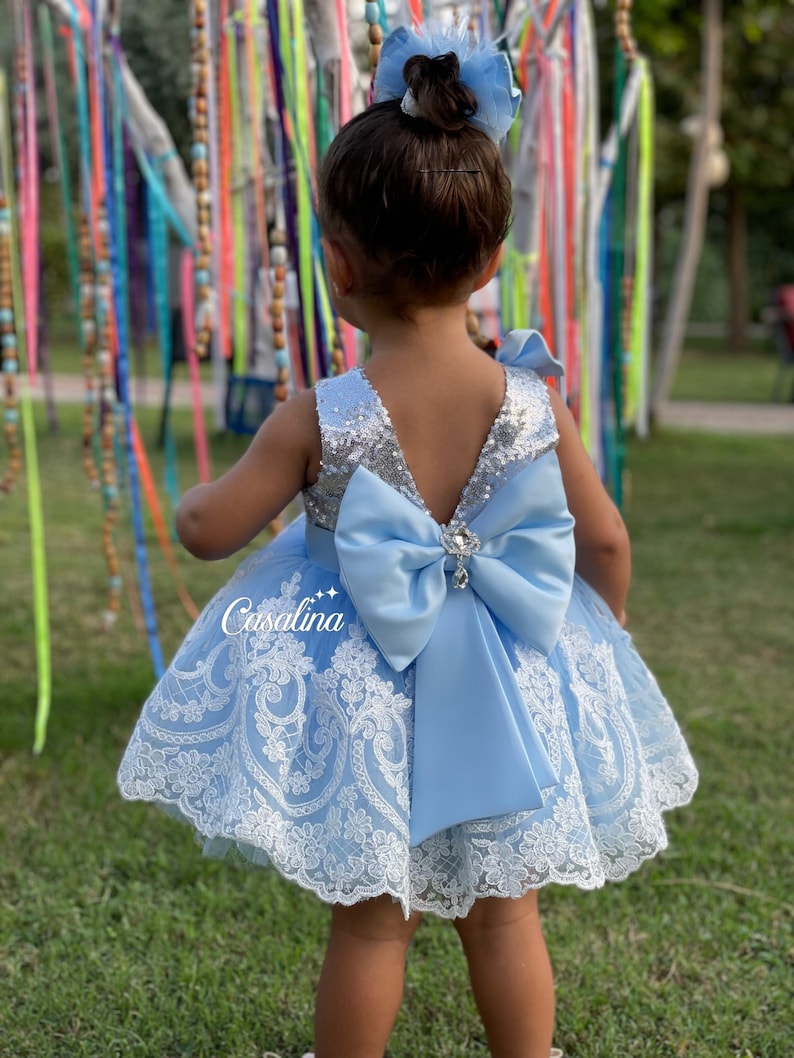 Silver blue baby girl outfit, Blue silver toddler birthday party dress