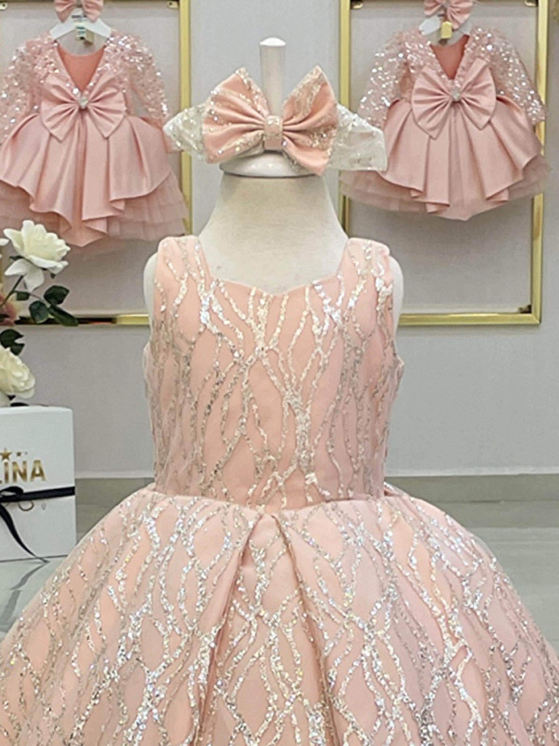 April dress Silver powder. Powder Princess baby girls dress , Powder birthday dress, Long tail Princess dress, Powder Silver baby girl dress