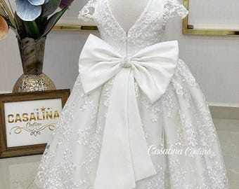 Margaret dress. White lace detail flower girl dress, Long skirt with big bow, Baby girl dress for birthday party, White lace princess dress.