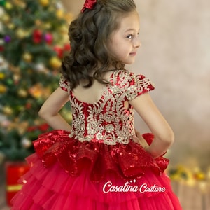 Kenzi Dress, Red - gold lace baby baby girl dress, Red flower girl dress, Red long tail dress, Gold - red tulle princess puffy fluffy dress