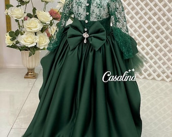 Naomi Dress Emerald, Emerald Green Baby Girl Dress, Emerald Green Princess Dress with Long Tail, Lace Detailed Long Tail Dress Baby Girl