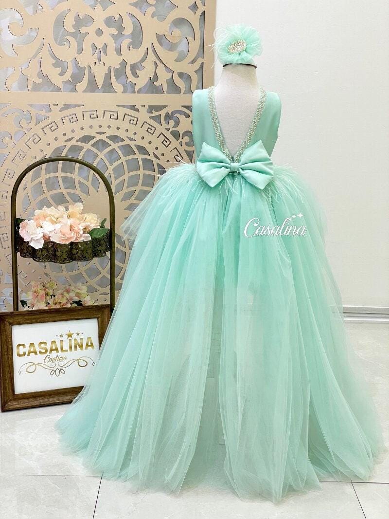 Mint Green Princess Dress: Handmade Pearl Detail, Long Tail, Big Bow (Hair Band Included)