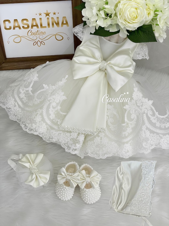Angel Dress Baby Sets. White lace big bow jewel bow knee length baby girl dress for baby girls. Christening gown.