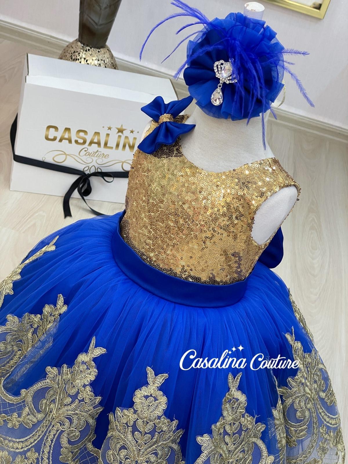 Royal Blue Gold Sequin Flower Girl Dress: Handmade Tulle Skirt