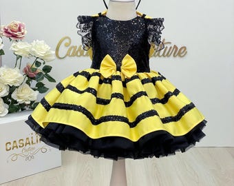 Vestido de abeja para niña: disfraz de abejorro con lentejuelas, atuendo de cumpleaños