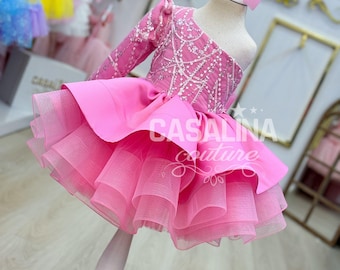 Hot Pink One Sleeve Toddler Dress: Glitter Flower Girl Outfit
