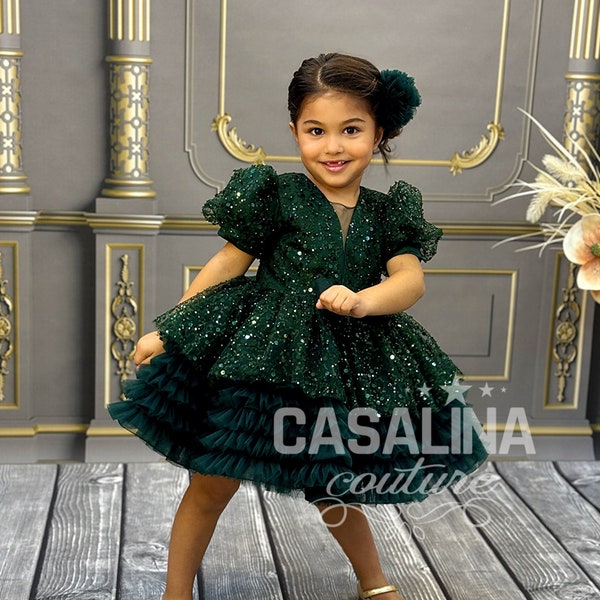 Serena dress emerald. Toddler and baby dress. Knee length fluffy dress for girls. Balloon sleeve party dress, Sparkly girl's dress