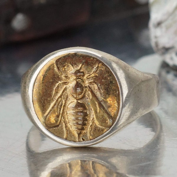ALL SIZES 925 Sterling Silver Bee Coin Ring - Signet Men's Ring Satin Finish Handmade Turkish Artisan Ancient Jewelry by Makeitbylove