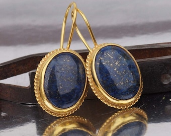 Handcrafted Turkish Large Lapis Lazuli Drop Earrings 925 k Silver Artisan Jewelry