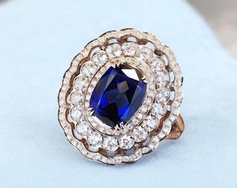 Ovaler Saphir Doppel Halo Ring: Sterling Silber Cocktail Schmuck