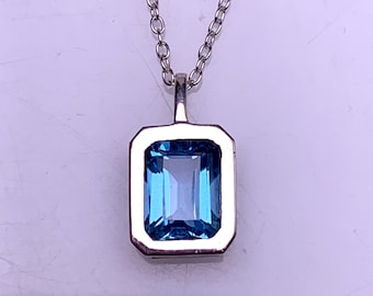 Swiss Blue Topaz Sterling Silver Pendant Necklace - Emerald Cut