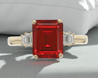 Emerald Cut Ruby Ring: Handcrafted Sterling Silver Prong Setting