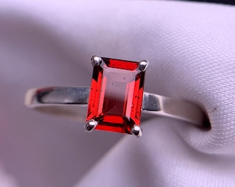 Emerald Cut Red Garnet Ring: 925 Sterling Silver, Handmade