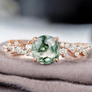 Moss Agate Engagement Ring: 14K Rose Gold Leaf Bridal Set