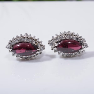 Red Garnet Sterling Silver Stud Earrings: Marquise Halo Design