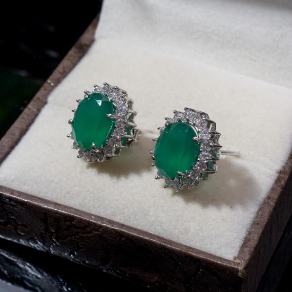 Green Onyx Halo Stud Earrings: Sterling Silver, May Birthstone