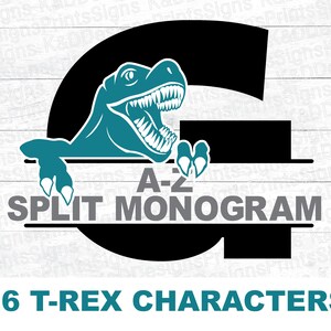Alfabeto T-Rex, Alfabeto de dinosaurio, Monograma dividido SVG, Archivo Eps & Png, Descarga digital/Cricut, Silueta, Glowforge, X-Tool