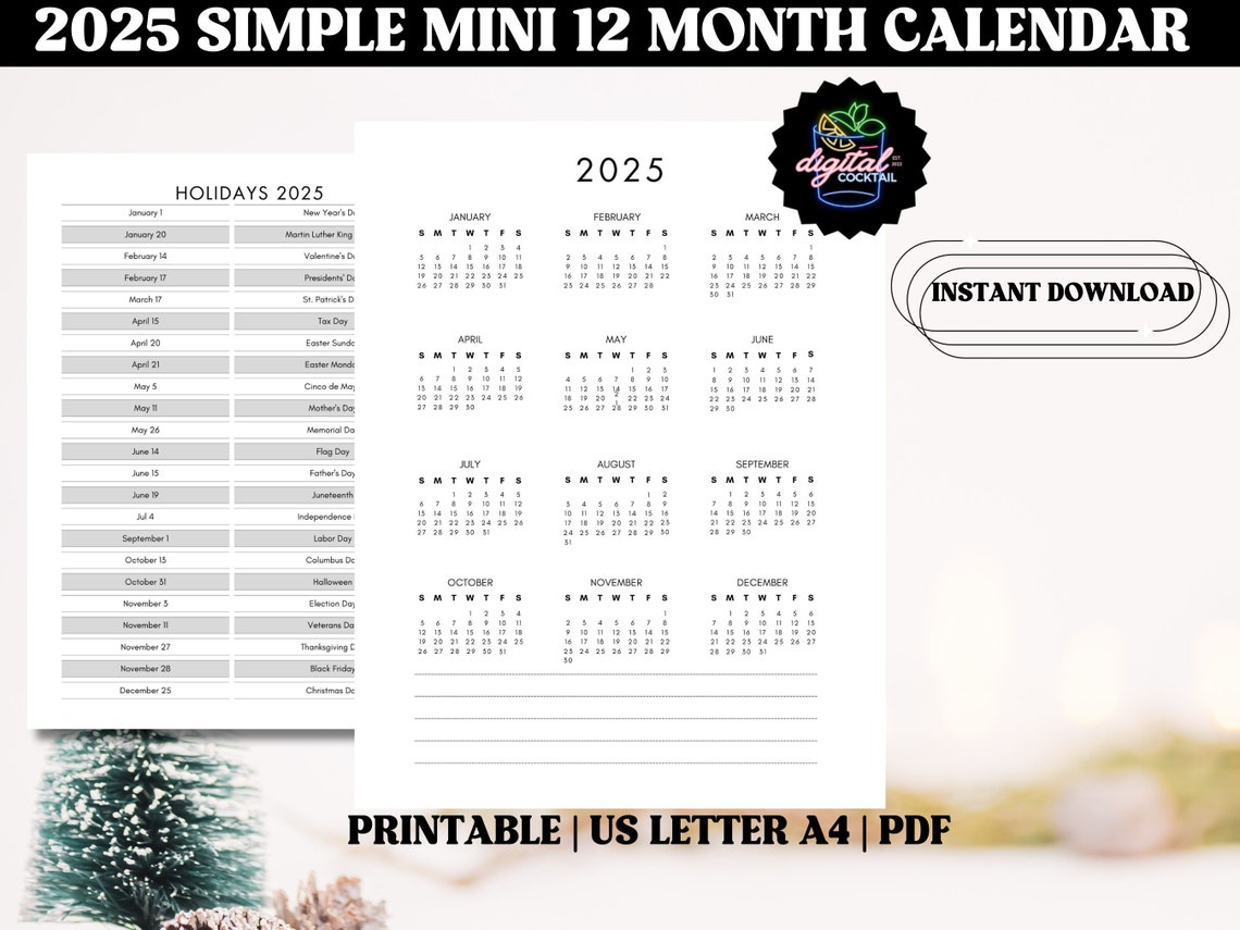 2025 Simple / Mini Calendario / Calendario Imprimible 2025 / Mini