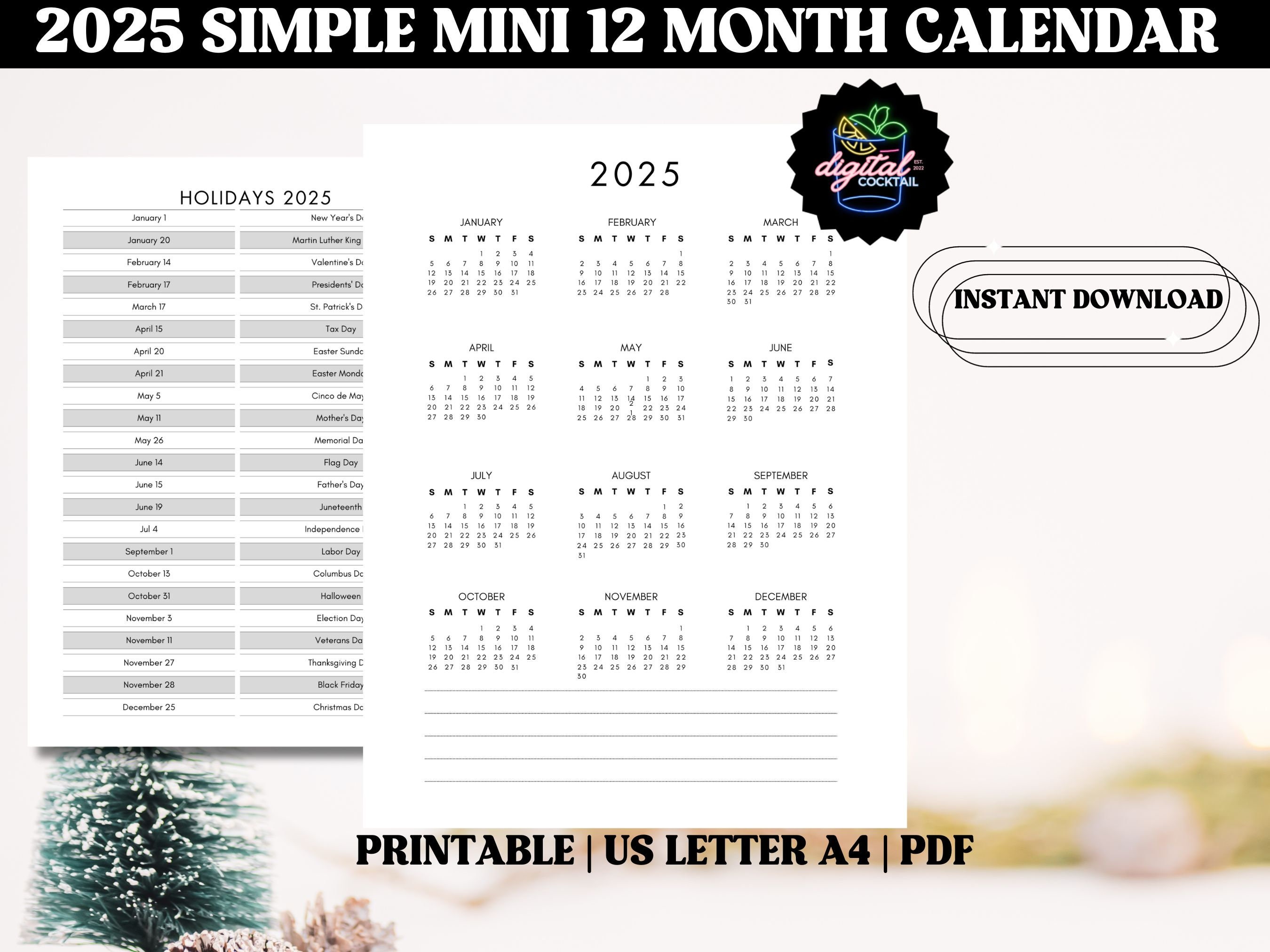 2025 Simple Mini Calendar 2025 Printable Calendar Mini Monthly Calendar ...