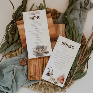 May include: A vintage-style menu card with a brown background and a white owl illustration. The menu features a starter, main course, and dessert. The text on the card reads "MENU", "Starter", "Main", and "Dessert".
