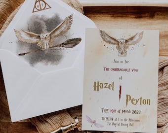 May include: A wedding invitation with a Harry Potter theme. The invitation features a white owl with a letter in its beak, flying over a golden wand. The text reads "Join us for The Unbreakable Vow of Hazel | Peyton The 19th of March 2023 Reception at 5 in the Afternoon The Magical Dining Hall"