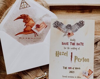 May include: Save the date card with a watercolor illustration of an owl carrying a letter. The card is decorated with gold lettering and a red and gold lightning bolt. The text on the card reads "Kindly Save the Date for the wedding of Hazel Peyton The 19th of March 2023 Formal invitation to follow."