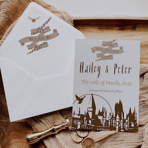May include: Save the date card with a Harry Potter theme. The card is white with brown text and a silhouette of Hogwarts castle. The text reads "Kindly Save the Date for the wedding of Hailey & Peter The 19th of March, 2023 Formal invitation to follow."