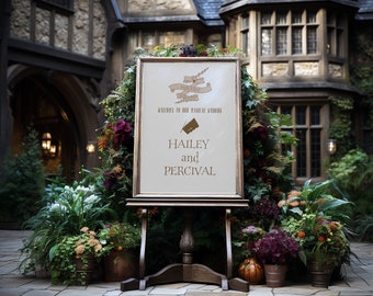 Puede incluir: Un cartel de boda con marco dorado y fondo blanco. El cartel dice "Bienvenido a nuestra boda mágica" y "Hailey y Percival". El cartel está decorado con vegetación y flores.