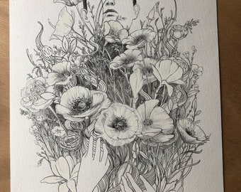 Dreamlike portrait in graphite pencil representing a woman carrying a wreath of flowers on A4 paper.