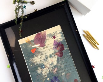 Ready-to-hang frame digital painting on vintage paper and pressed petals, original mixed media work, all-piece decoration.