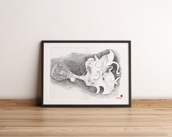 Marine animals and waves coming out of a carafe. A3 illustration in graphite pencil on 100% cotton paper.