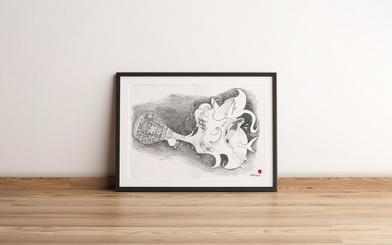 Marine animals and waves coming out of a carafe. A3 illustration in graphite pencil on 100% cotton paper. image 1