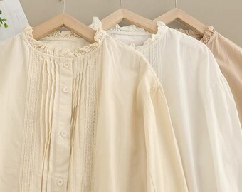 cotton blouse, cotton pleated tops, women tops, shirts, long sleeves, lace blouse, spring blouse, ruffled collar