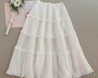 cotton lace midi skirt, cotton emboridery skirt,  Loose Cotton Midi Skirt, spring and summer casual skirt, A-line skirt