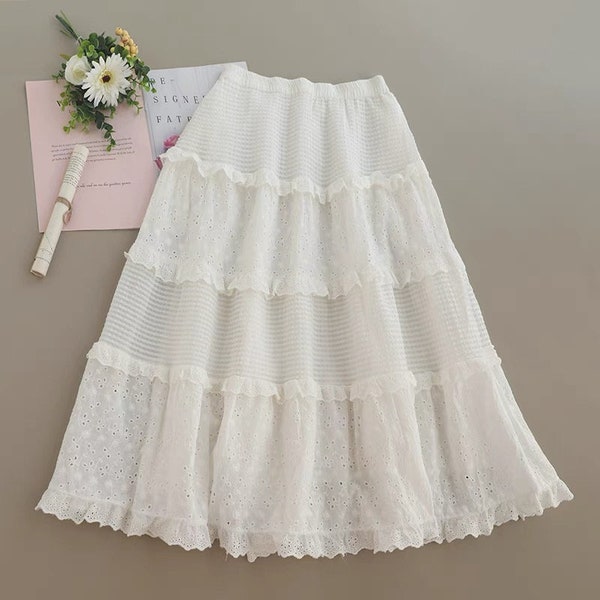 cotton lace midi skirt, cotton emboridery skirt,  Loose Cotton Midi Skirt, spring and summer casual skirt, A-line skirt