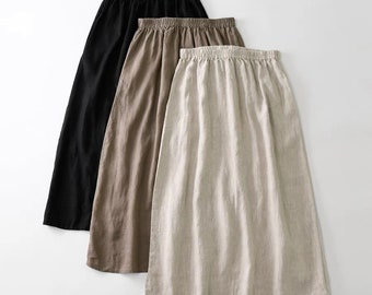 Jupe en lin, jupe surdimensionnée, jupe ample en lin pour femme, taille élastique, jupe en lin avec poches, jupes noires, jupes trapèze
