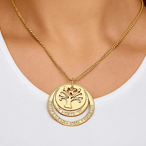 Árbol de la vida familiar personalizado en oro de 9 quilates con dos anillos circulares para nombres (o idea de regalo para ella) / Plata de ley 925 personalizada