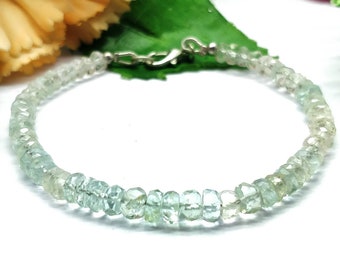 Natural  Moss Aquamarine 4mm Faceted 7 Inch Silver Plated Rondelle Bead Bracelet, Dainty Stacking Bracelet,Best Bracelet For Unisex.