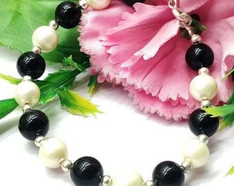 Natural  Black Spinel & Pearl 8mm Smooth 7 Inch Silver Plated Rondelle Bead Bracelet, Dainty Stacking Bracelet,Best Bracelet For Unisex.